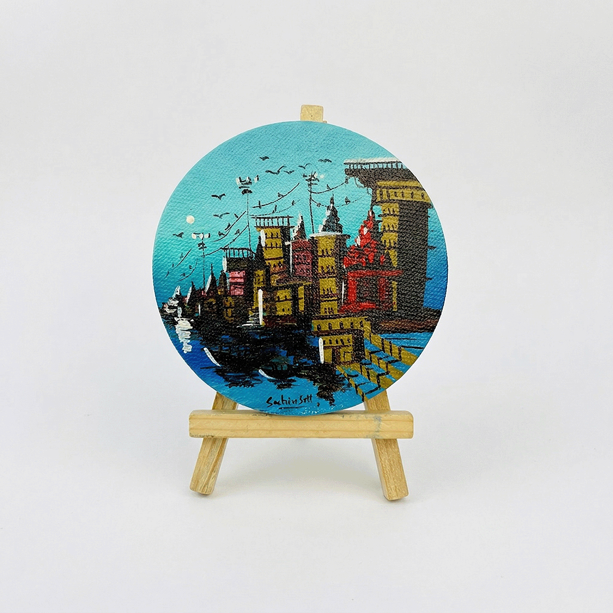 Hand-Painted Varanasi Ghats Mini Circular Canvas - Morning Blue