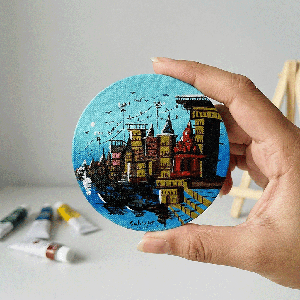 Hand-Painted Varanasi Ghats Mini Circular Canvas - Morning Blue