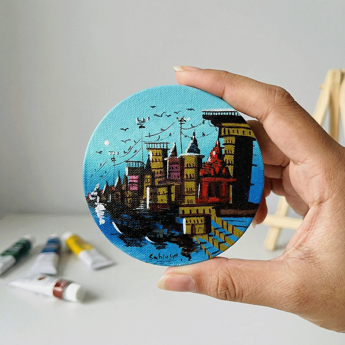 Hand-Painted Varanasi Ghats Mini Circular Canvas - Morning Blue