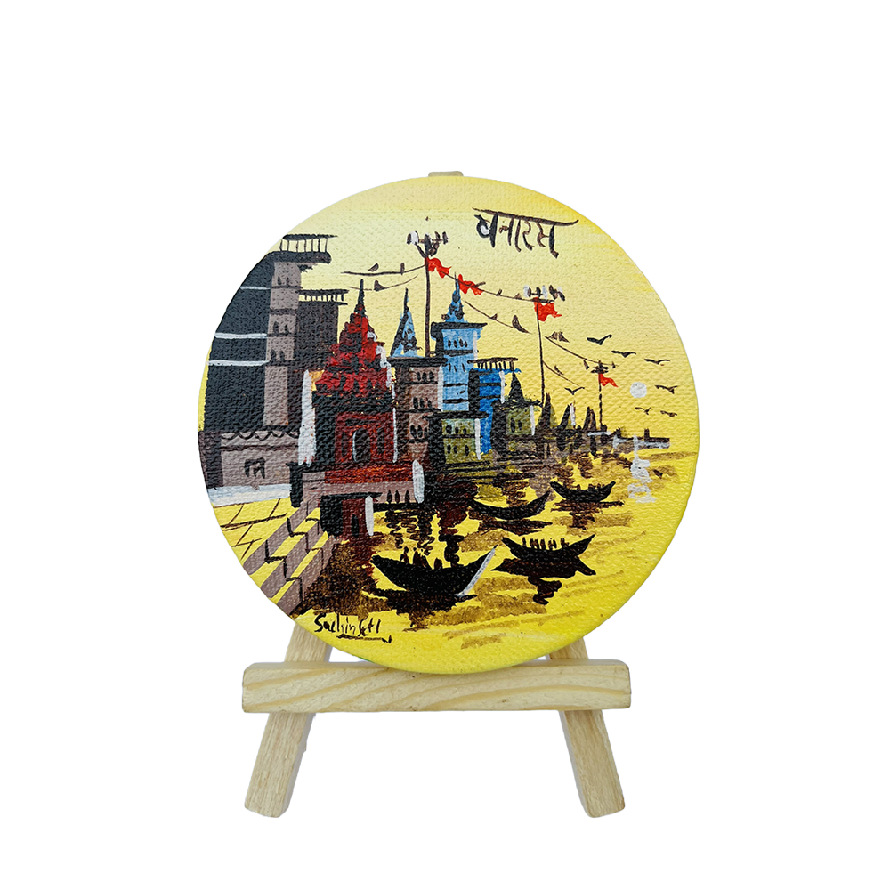 "Banaras" Hand-Painted Ghats Mini Canvas Art with Easel - Sunburst Yellow