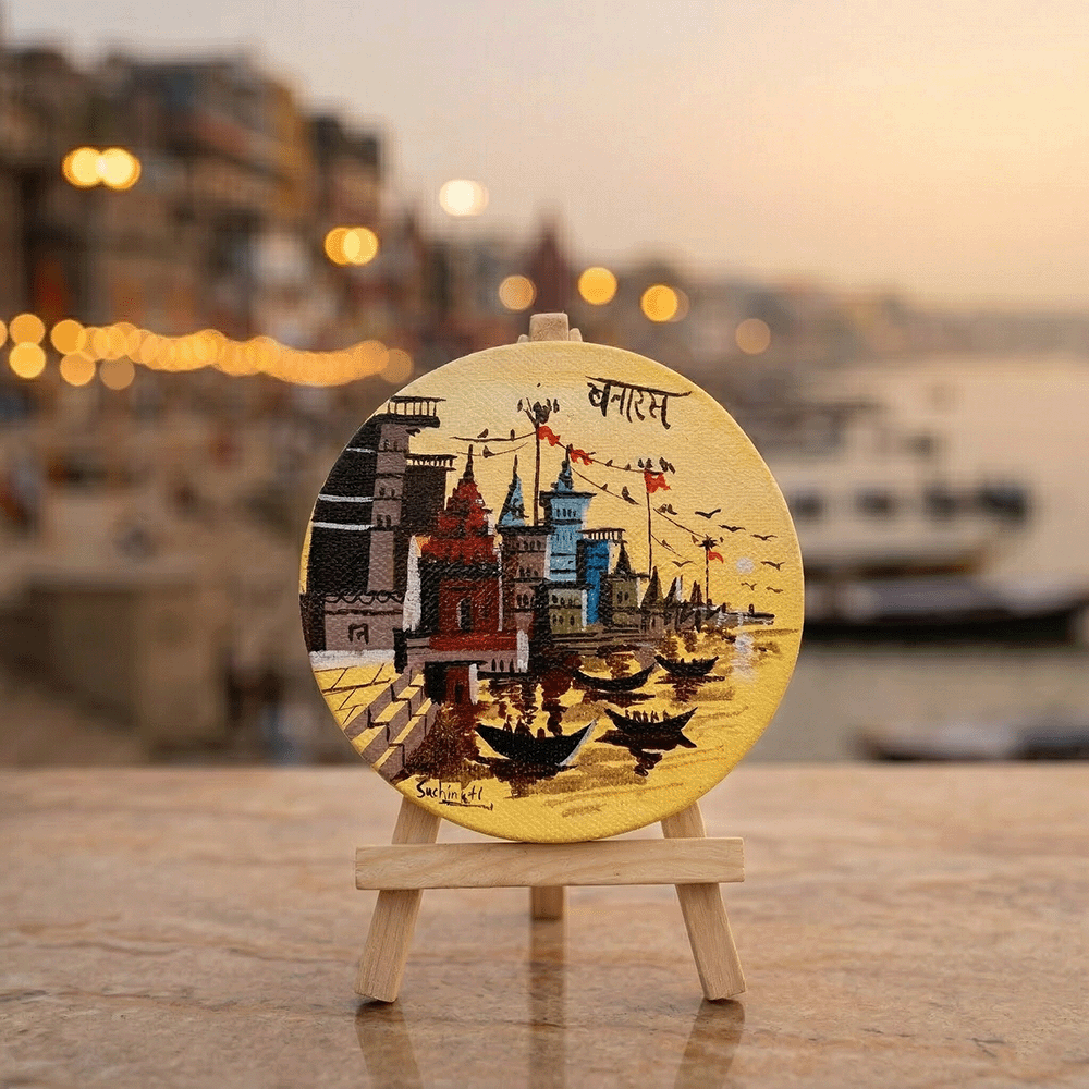 "Banaras" Hand-Painted Ghats Mini Canvas Art with Easel - Sunburst Yellow