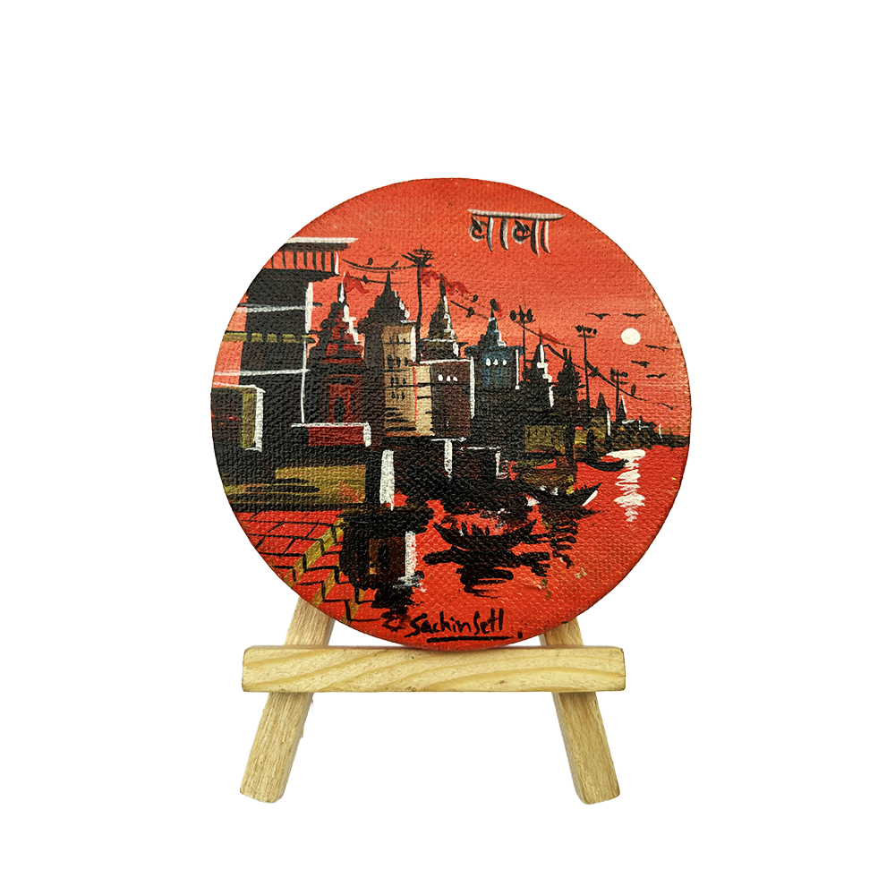 "Baba" Hand-Painted Kashi Ghats Mini Canvas on Easel - Crimson Red