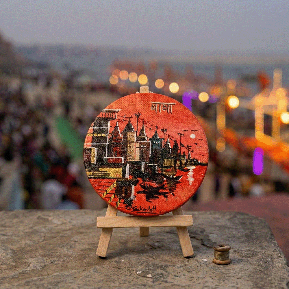"Baba" Hand-Painted Kashi Ghats Mini Canvas on Easel - Crimson Red
