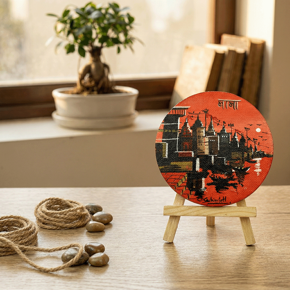 "Baba" Hand-Painted Kashi Ghats Mini Canvas on Easel - Crimson Red