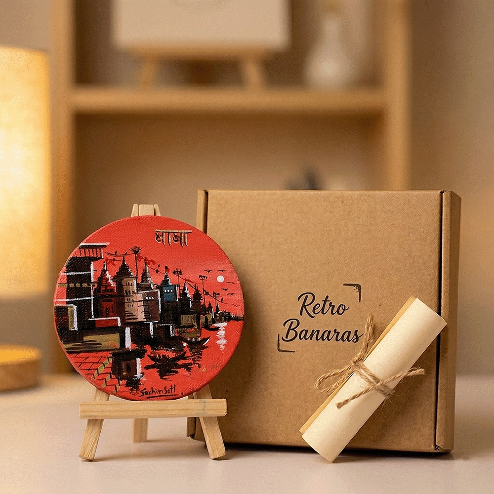 "Baba" Hand-Painted Kashi Ghats Mini Canvas on Easel - Crimson Red