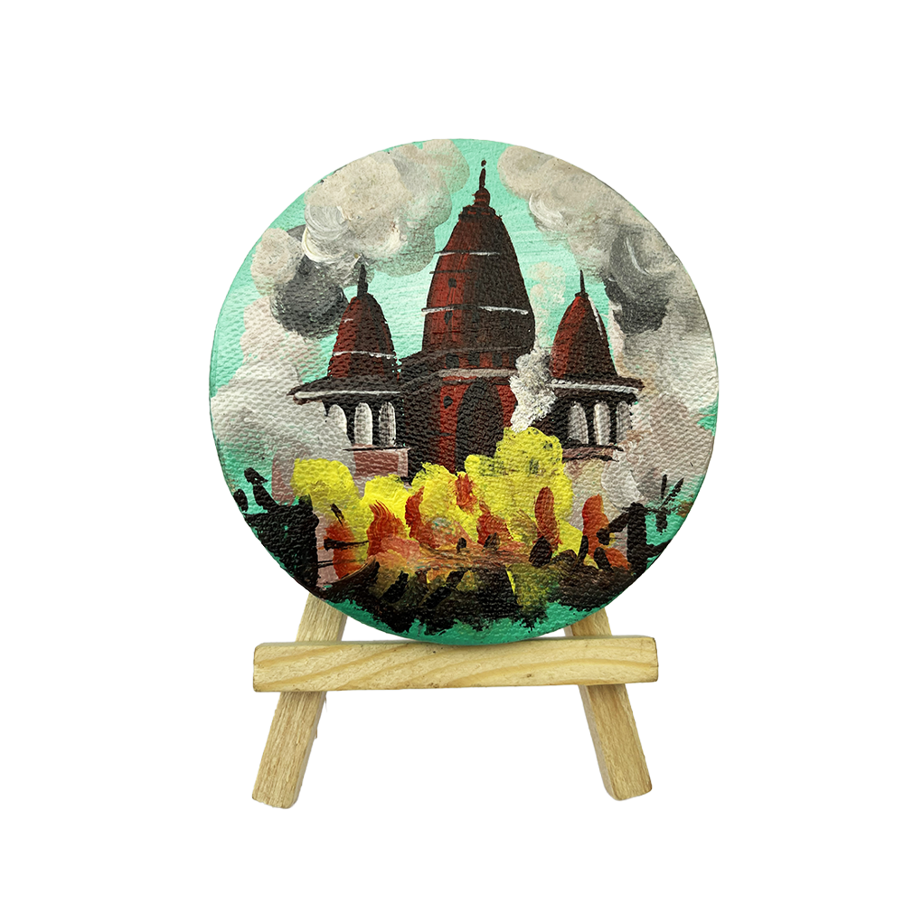 Hand-Painted Varanasi Temple Aarti Mini Circular Canvas - Mint Green