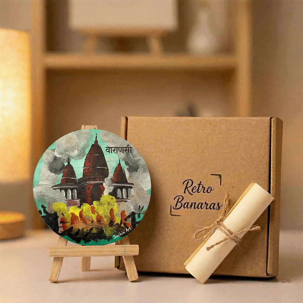 Hand-Painted Varanasi Temple Aarti Mini Circular Canvas - Mint Green