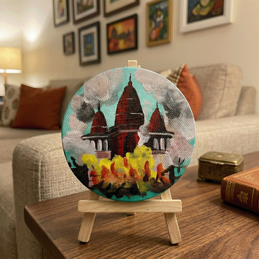 Hand-Painted Varanasi Temple Aarti Mini Circular Canvas - Mint Green