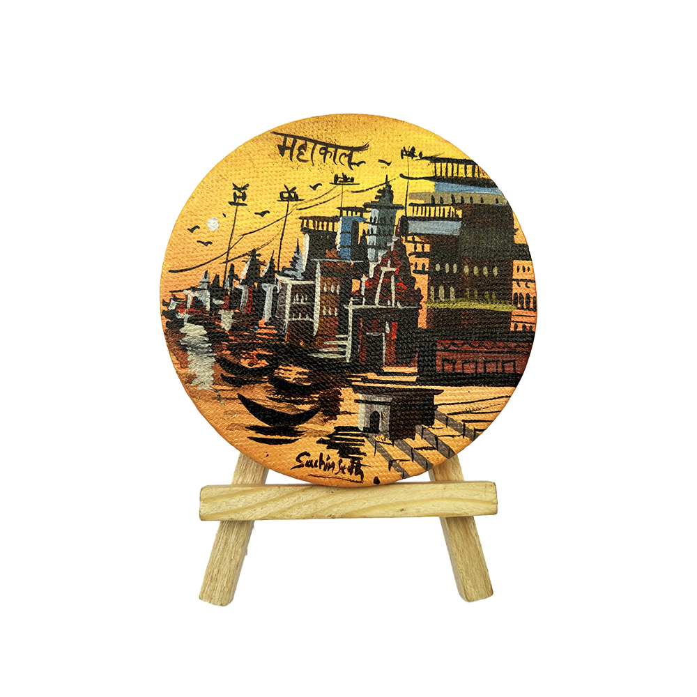"Mahakal" Hand-Painted Varanasi Ghats Mini Canvas - Golden Sunset