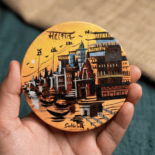 "Mahakal" Hand-Painted Varanasi Ghats Mini Canvas - Golden Sunset