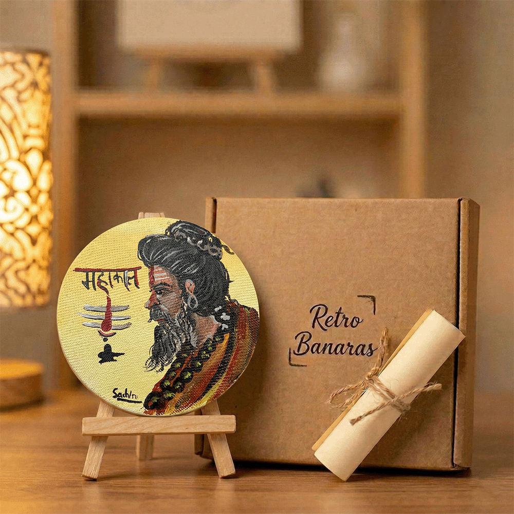 Hand-Painted Lord Shiva "Mahakal" Portrait Mini Canvas with Easel