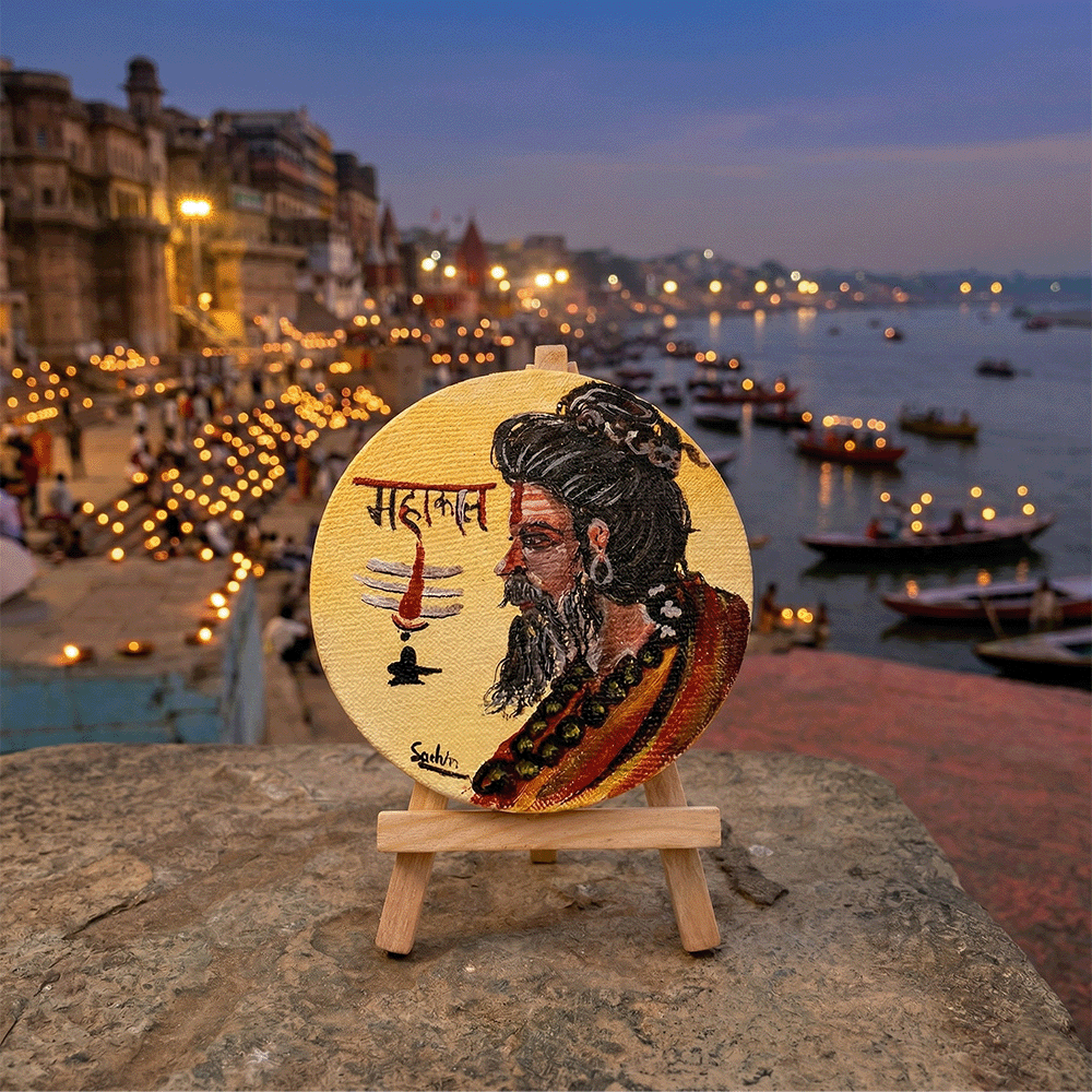 Hand-Painted Lord Shiva "Mahakal" Portrait Mini Canvas with Easel