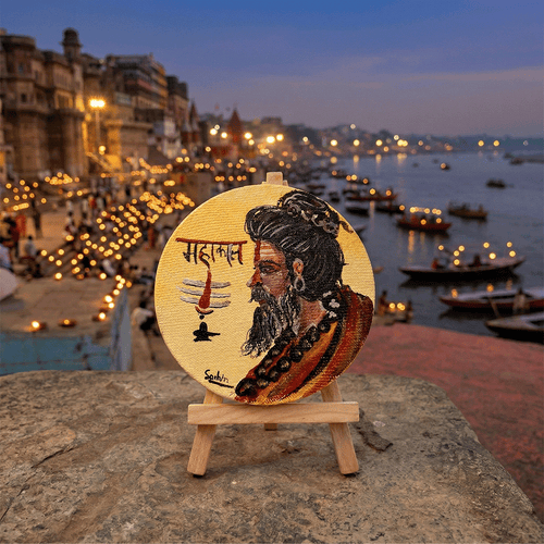Hand-Painted Lord Shiva "Mahakal" Portrait Mini Canvas with Easel