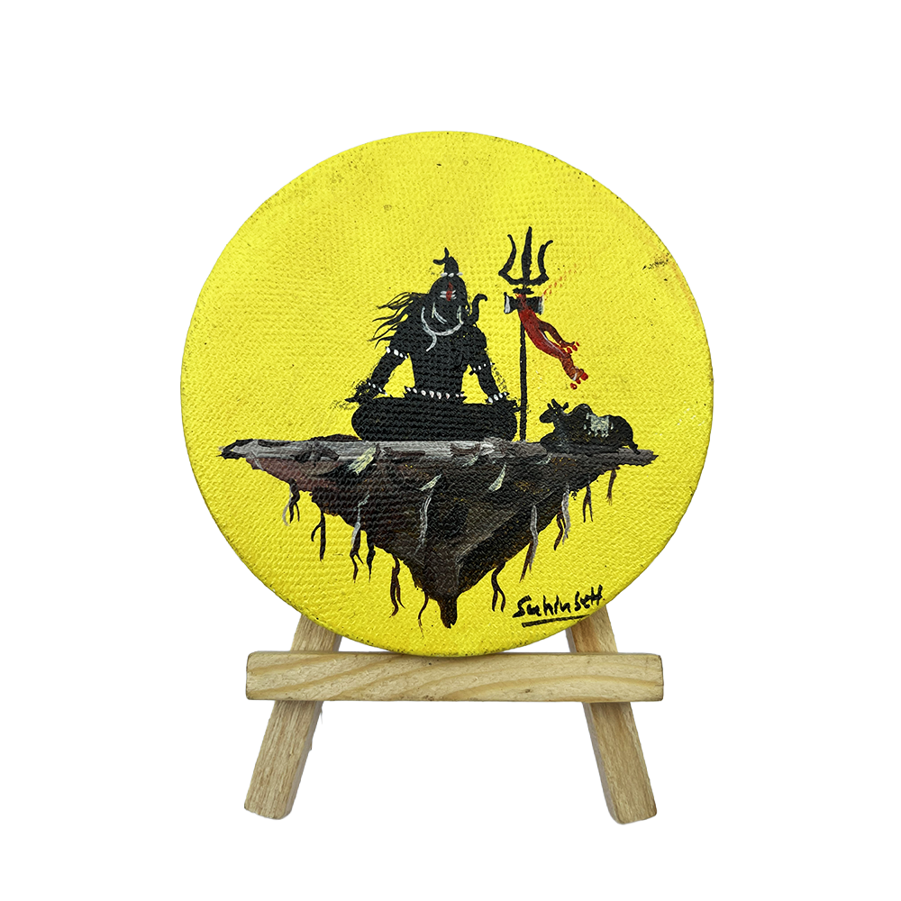 Meditating Lord Shiva Silhouette Hand-Painted Mini Canvas - Sun Halo
