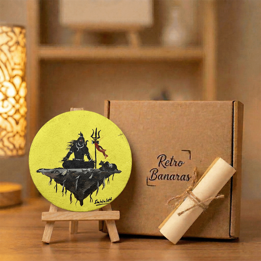 Meditating Lord Shiva Silhouette Hand-Painted Mini Canvas - Sun Halo