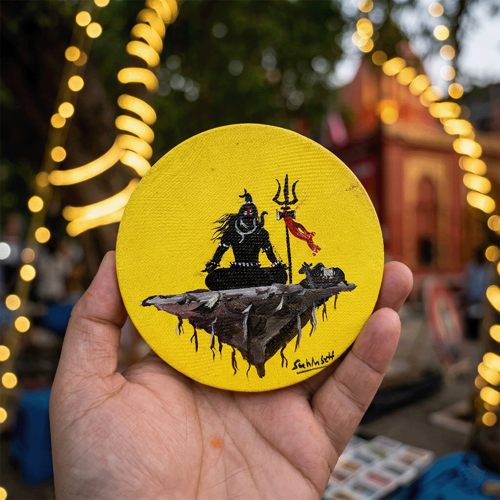 Meditating Lord Shiva Silhouette Hand-Painted Mini Canvas - Sun Halo