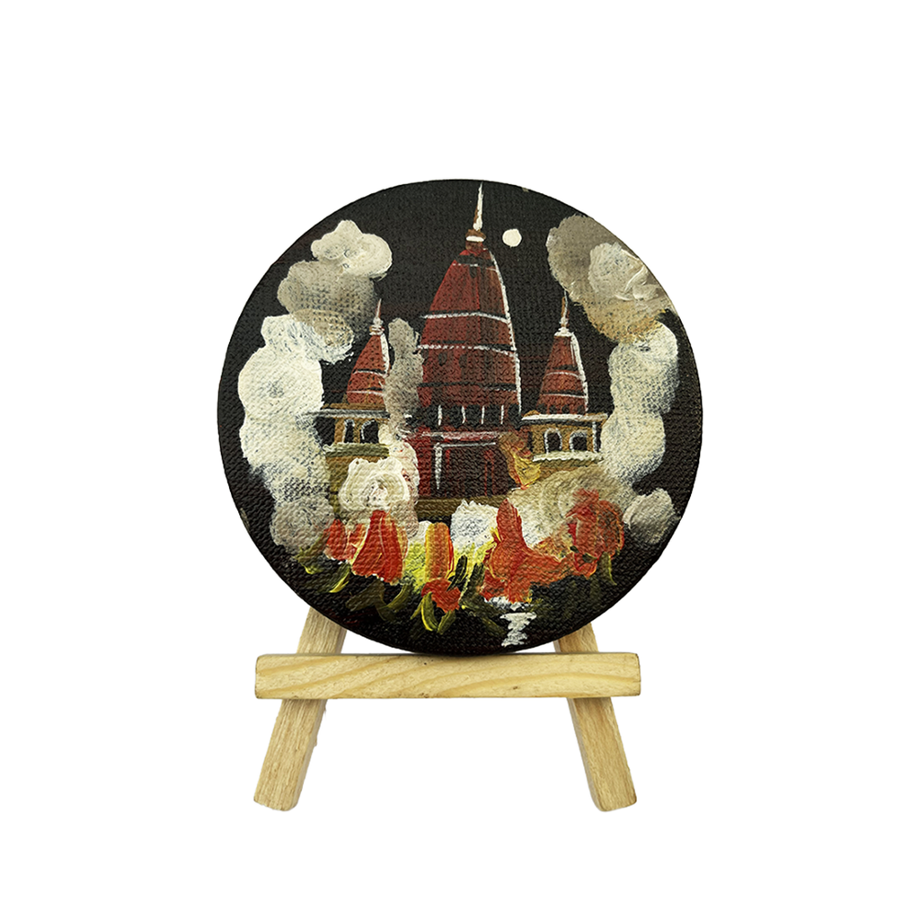 Hand-Painted Varanasi Night Aarti Temple Mini Canvas Art