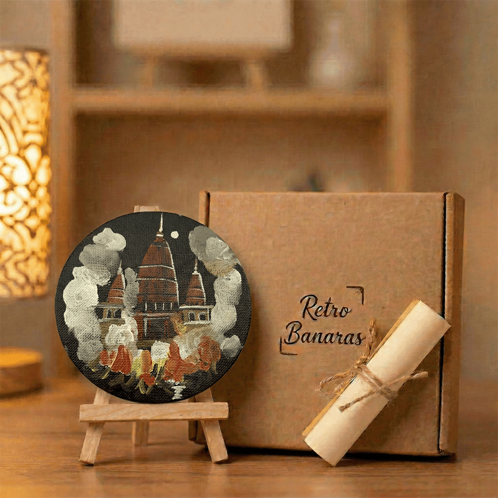 Hand-Painted Varanasi Night Aarti Temple Mini Canvas Art