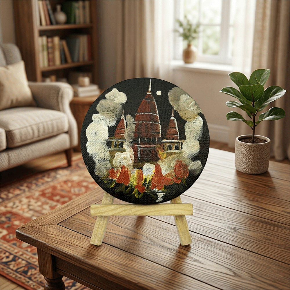 Hand-Painted Varanasi Night Aarti Temple Mini Canvas Art